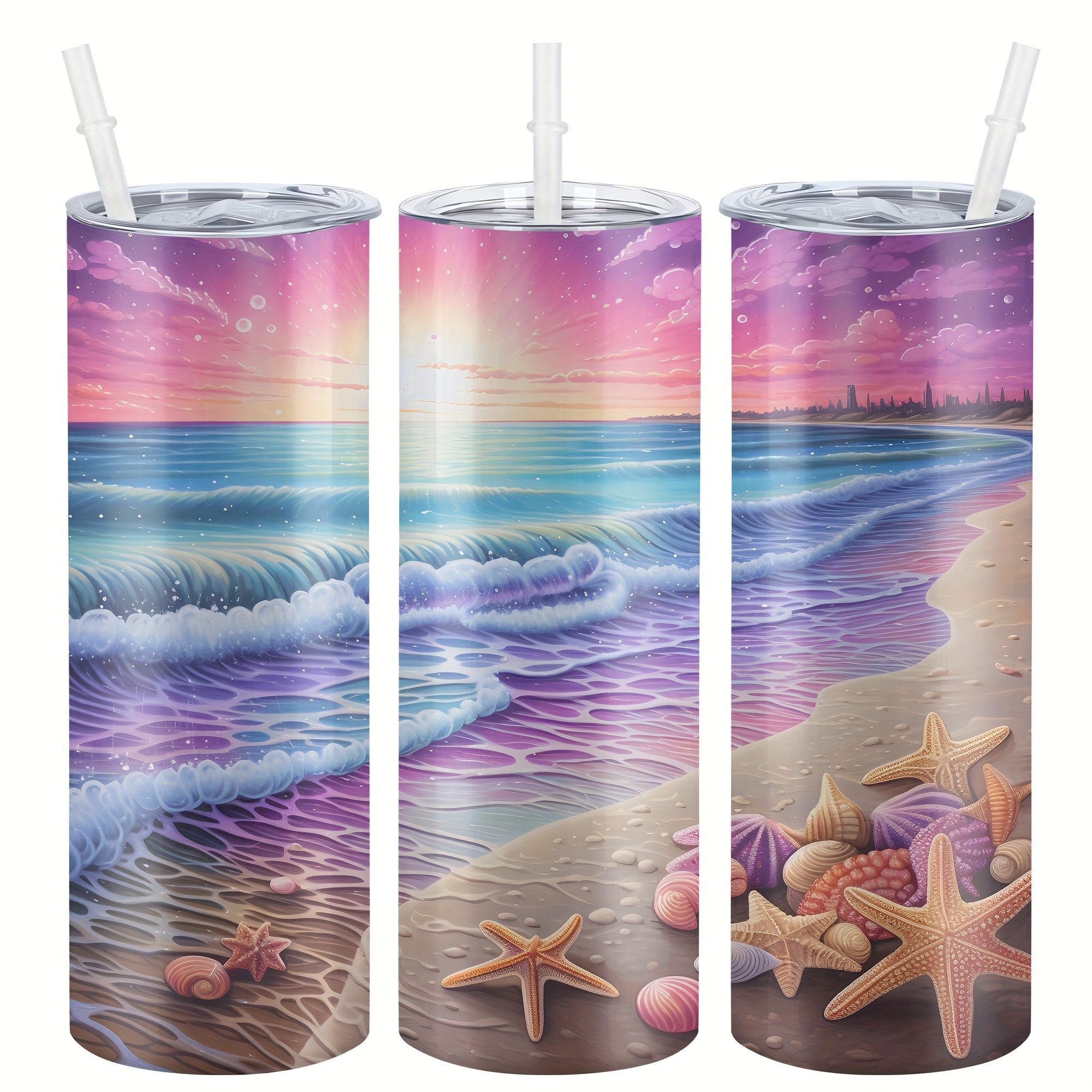 

1pc Cup, Summer Beach, Ocean, Personalized Cup With Straw Cap, 20oz Stainless Steel Water Bottle, Glass, Drinks, For Christmas Gifts, Valentine's Day Gifts, Birthday Gifts, Outdoor Travel Accessories