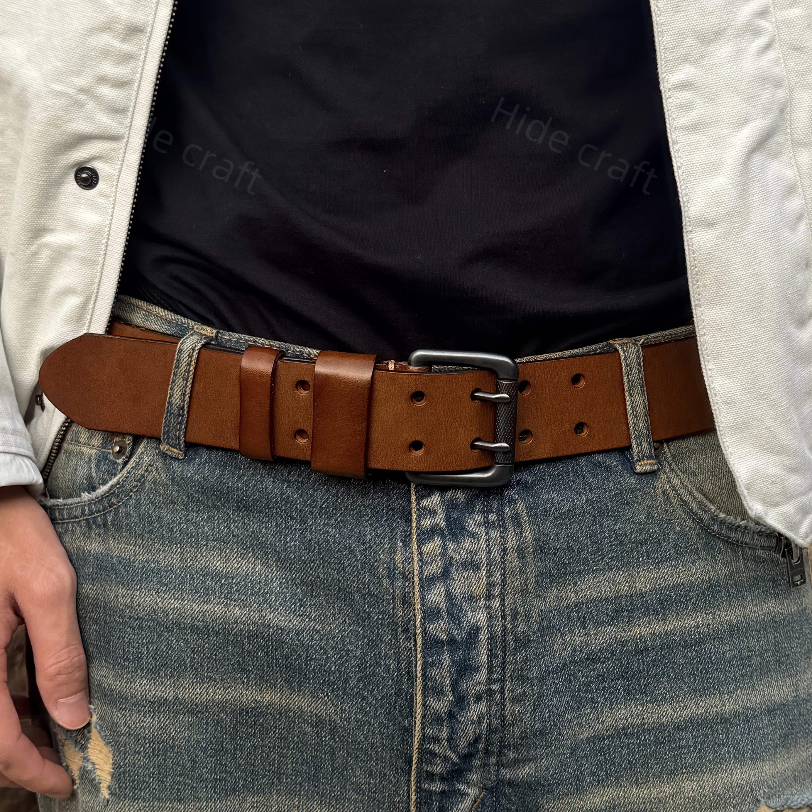 mens double breasted genuine leather belt widened and thickened   cowhide casual pants belt     3 sizes       leather pure cowhide handmade a retro and individual fashion apparel mens belt