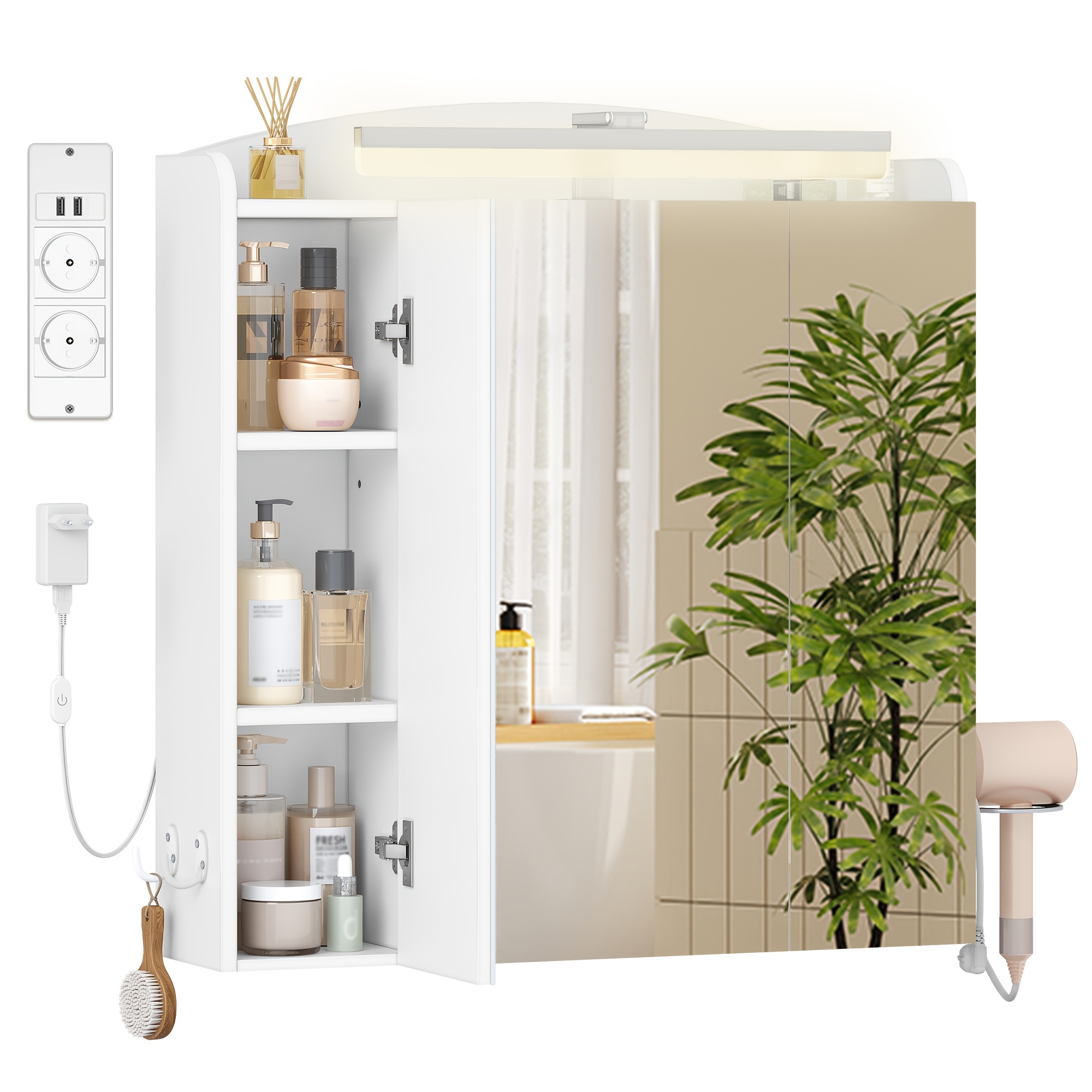 Bathroom Medicine Cabinet With Mirror And Lighting | 2 Ac And 2 Usb Ports, Hair Dryer Holder, Hooks, Socket, Adjustable Shelves, Dimensions 16.5 X 70 X 75 Cm, White, Contemporary Style By Hzuaneri