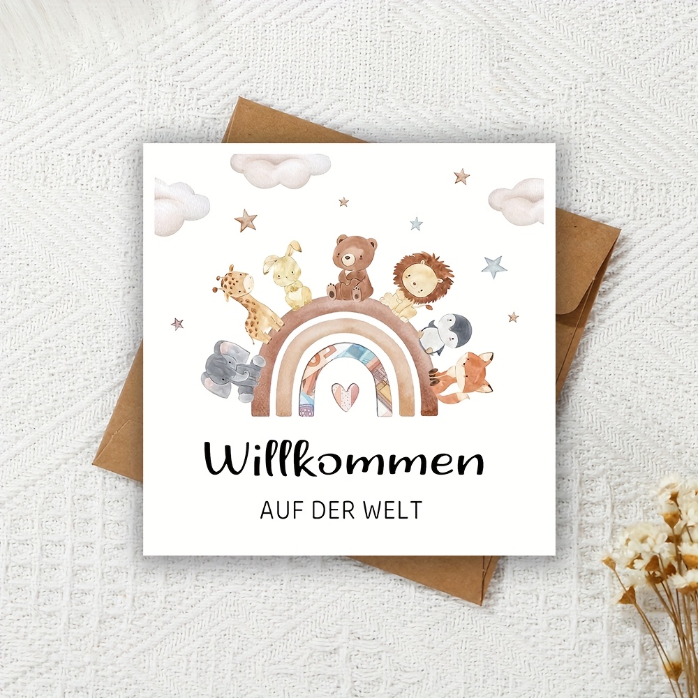 Image of Cute Square Greeting Card With Rainbow And Animal Illustration, "" Design, Pregnancy Card, Pregnancy Announcement