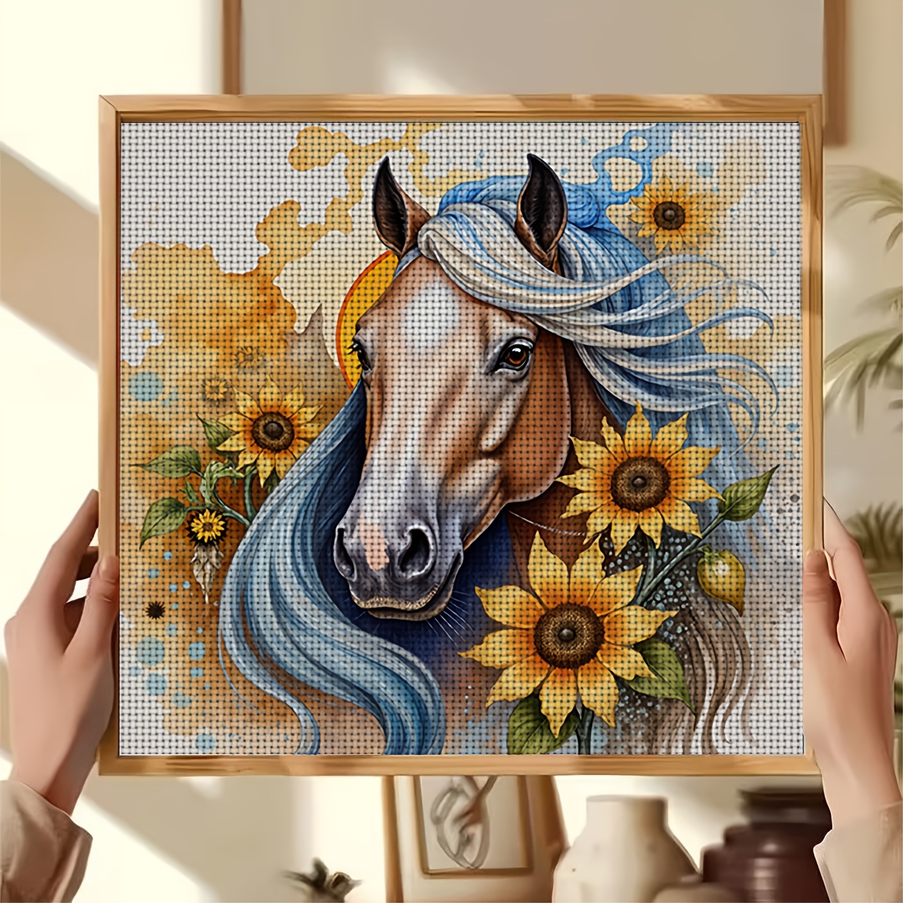 DIY Cross-Stitch Printed Kit, Unframed Blue Mane Horse & Sunflower Design
