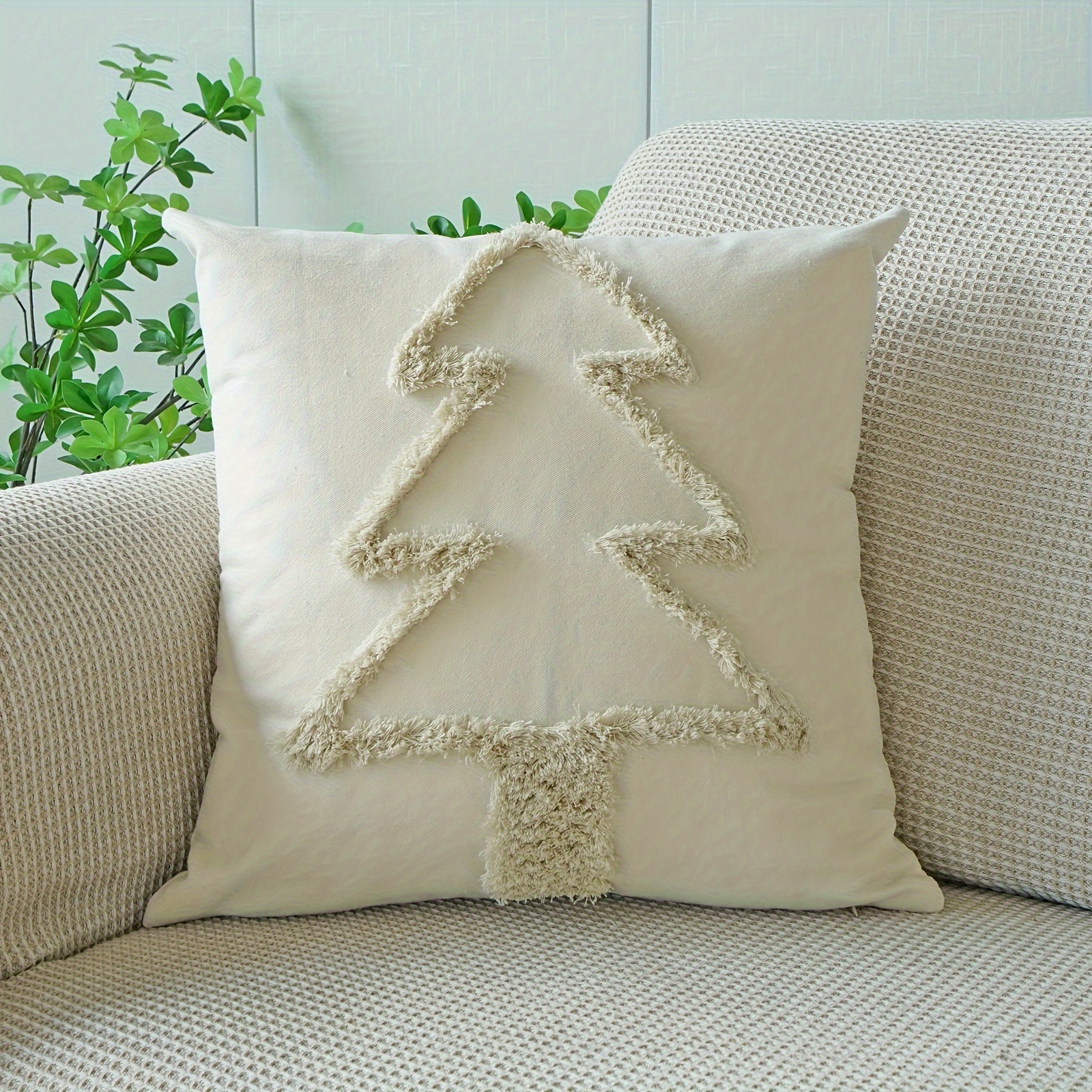 Image of Rustic Christmas Tree Throw Pillow Cover, Festive Decorative Cushion Case, Contemporary Style, Machine Washable, Zipper Closure, Polyester Fabric, For Living Room Decor