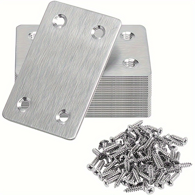 

100pcs Metal Flat Stand Stainless Steel Straight Piece 4 Hole Fixed Angle Stand 20pcs Countersunk Screw 80pcs For Furniture, Wood, Shelves, Cabinets