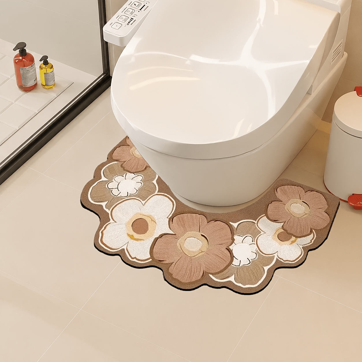 TEMU 1pc-cute Flower U-shaped Bathroom Carpet, Soft, Non-slip And Durable Mat, Hand Wash Only, Absorbent Toilet Mat, Available In , For People