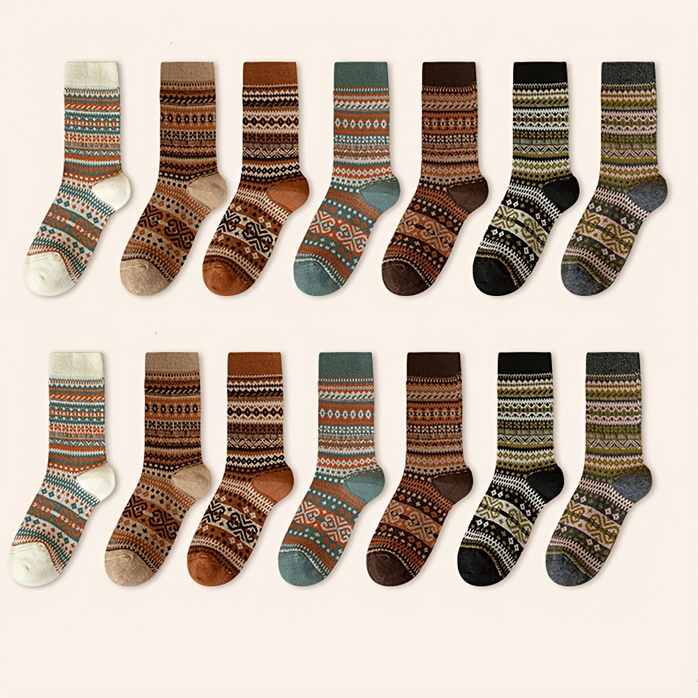 TEMU 7 Pairs Women's Vintage-inspired Ethnic Pattern Mid-calf Socks, Soft Warm Autumn & Winter Casual Socks With Colorful Striped & Geometric Print,