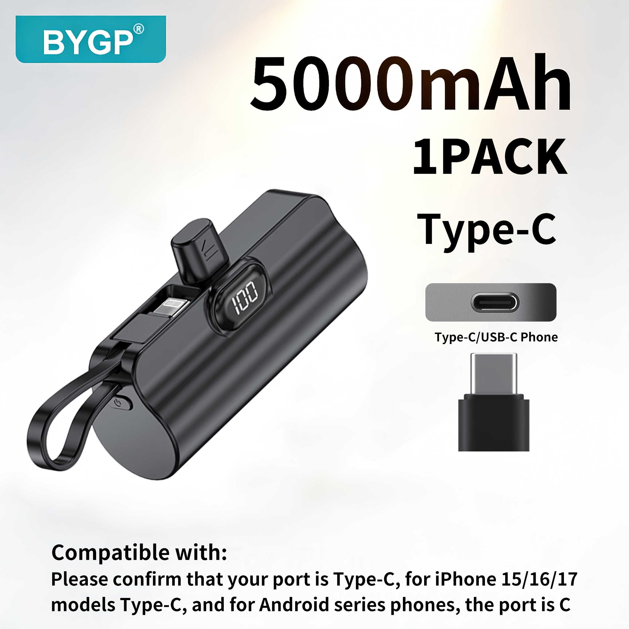 Bygp 1-2pack-5000mah Portable Charger - Capsule Design Bank, Display, Built In Cable/type-c Interface/hanging Rope, Emergency Backup Outdoor Phone Battery Pack For Iphone And , Gift