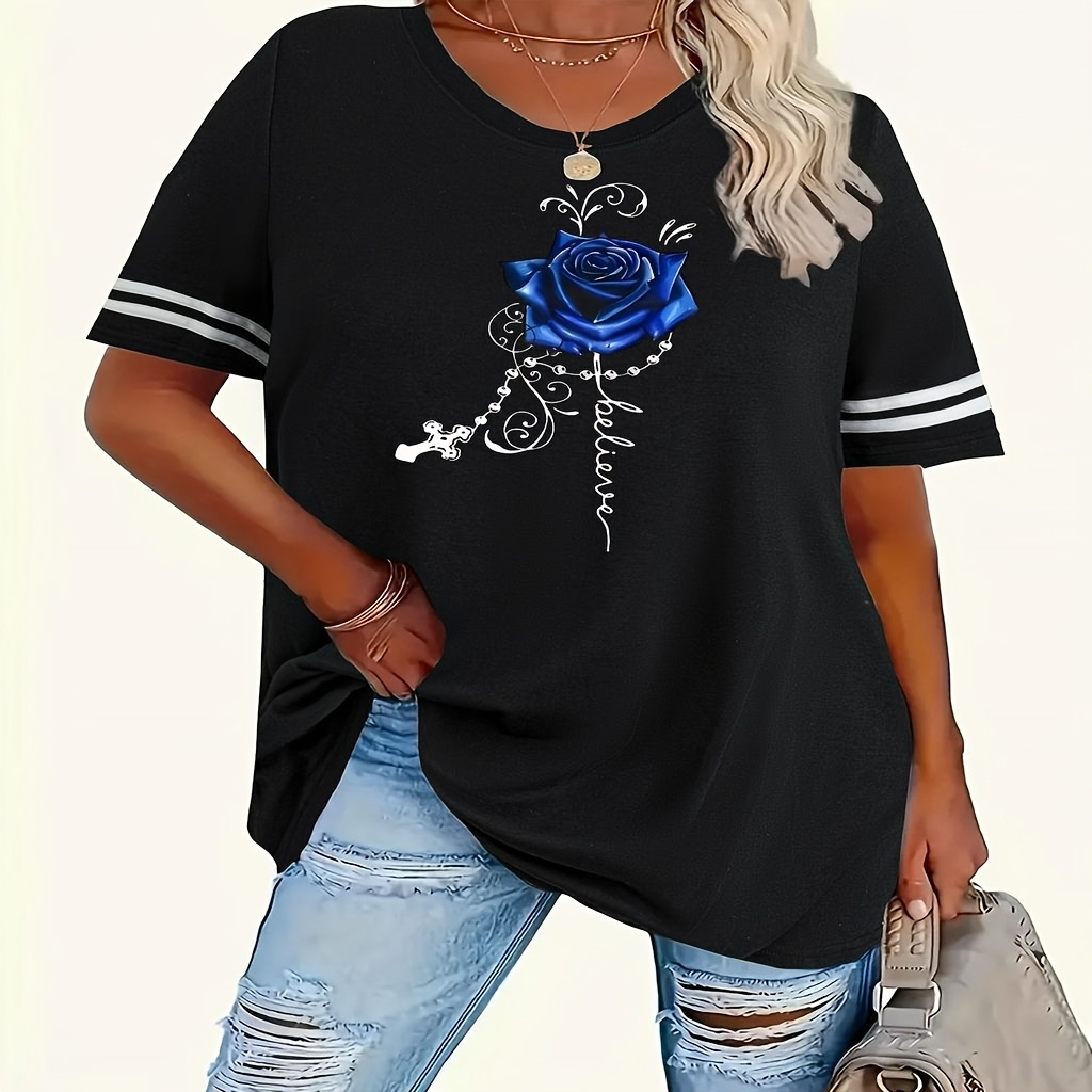 

Plus Size Women's Printed Round Neck Short Sleeve Striped T-shirt With Ribbed Collar, In Sizes 1-8xl, Featuring Cartoon Designs.