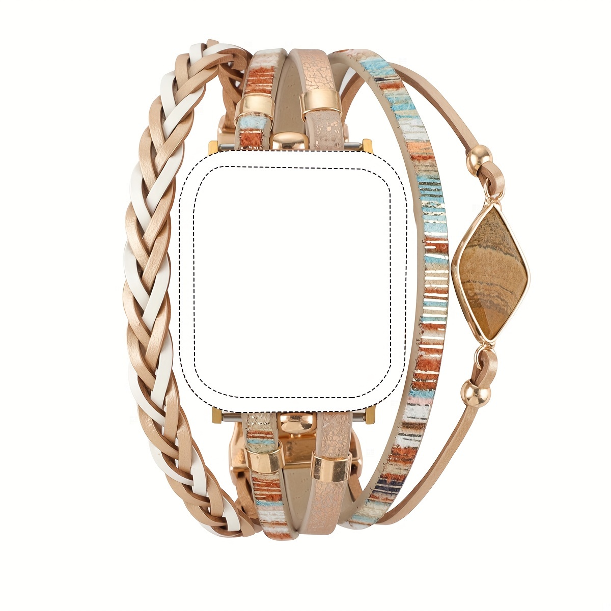 

Bohemian Style Braided Metal Bracelet Smartwatch Band Compatible With Apple Watch -9, Se, Ultra, Synthetic Leather, 38-49mm - 1pcs