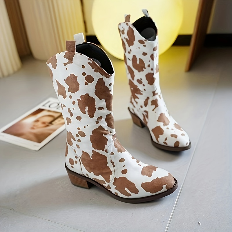 fashion calf cow print boots women slip pointed toe Temu