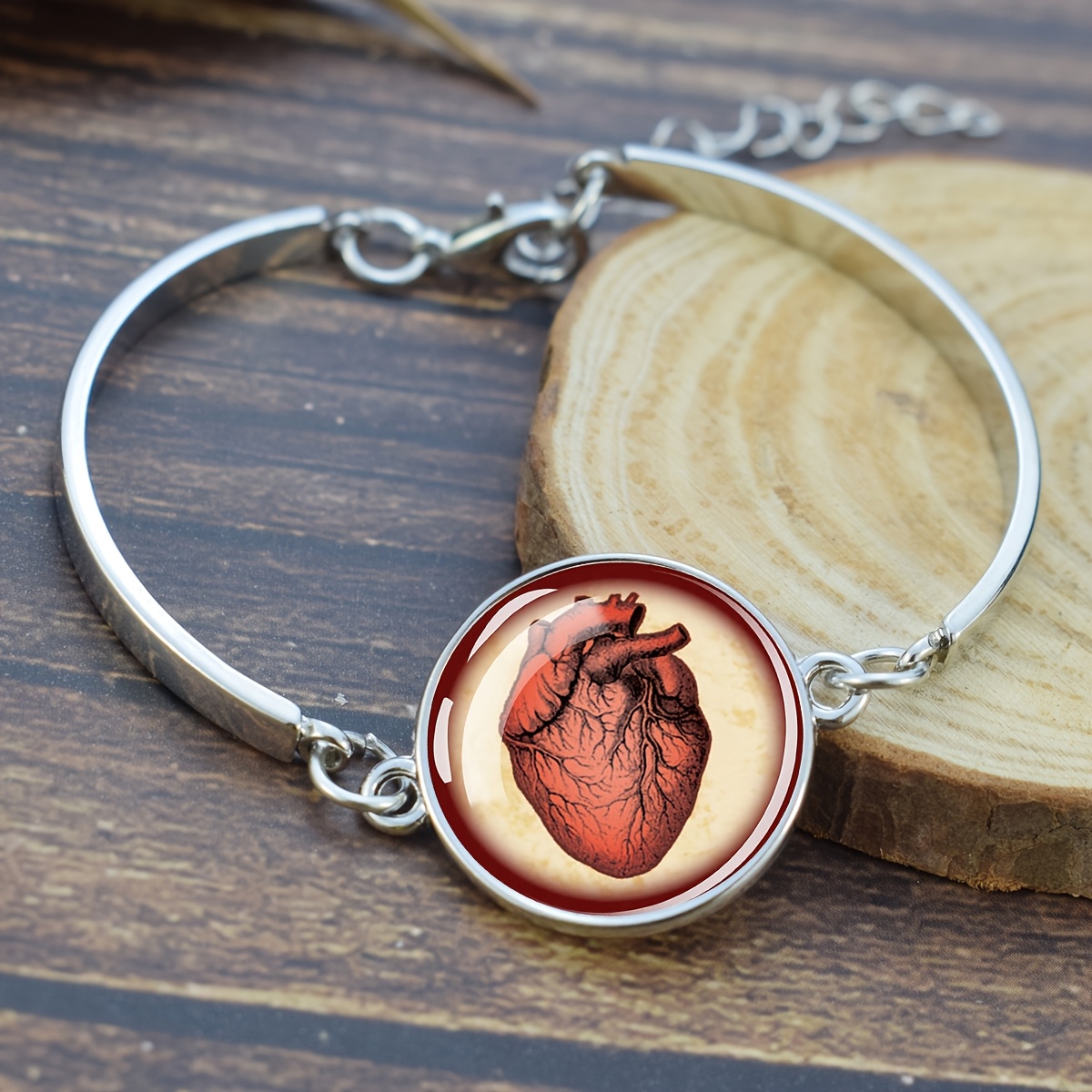 Anatomical Heart Illustration Glass Dome Charm Bracelet for Unisex