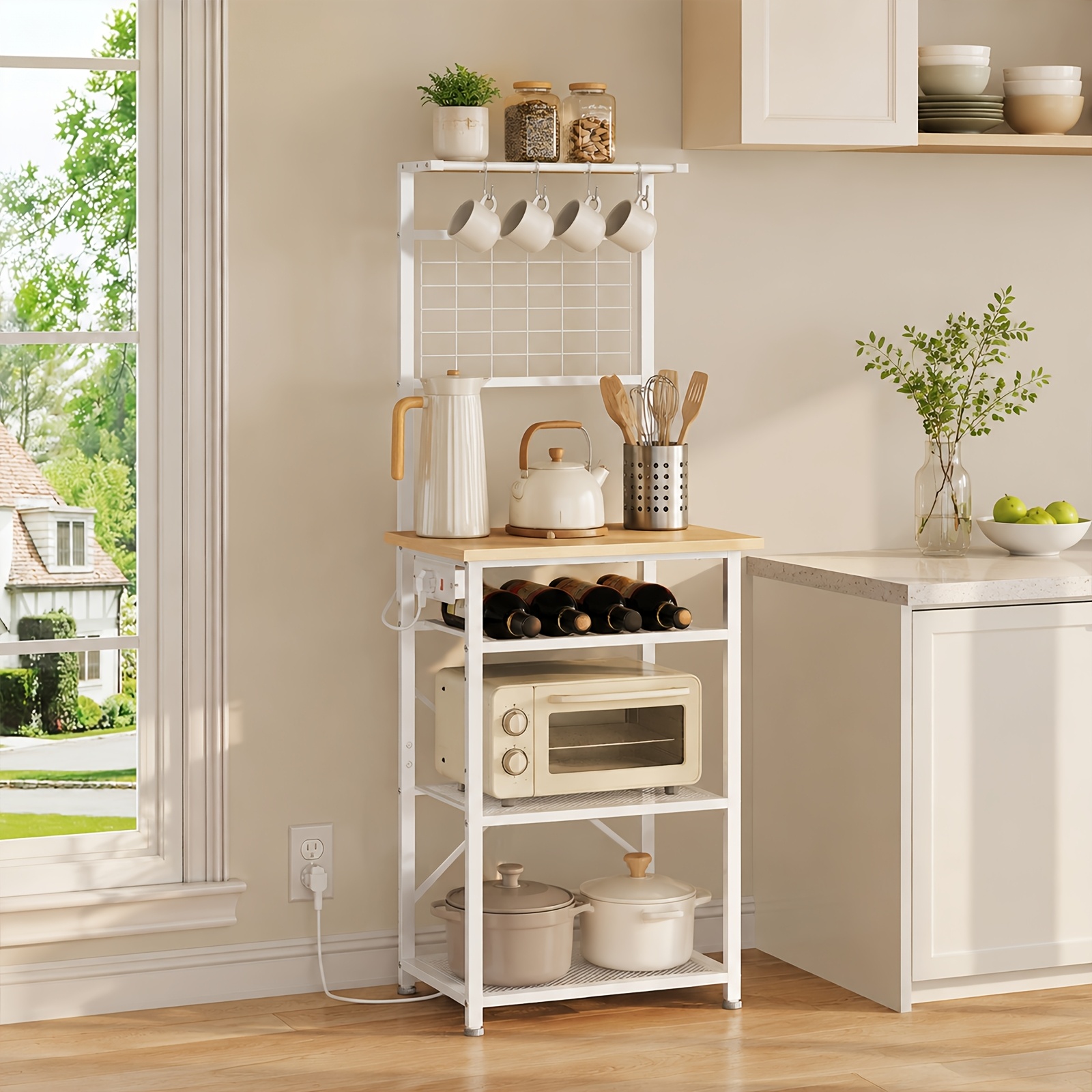 Classic White Freestanding Coffee Bar Rack With Power Outlet And 4 Hooks, 30 X 41 X 135cm Kitchen Baking Storage Organizer Shelf