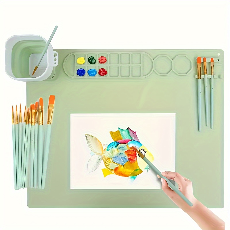 

Silicone Art Mat Set With 10-piece Brushes: Perfect For Oil Painting, Watercolor, And Resin Casting - Non-stick, Collapsible Brush Cleaner, And Pen Holder For Seamless Art Projects