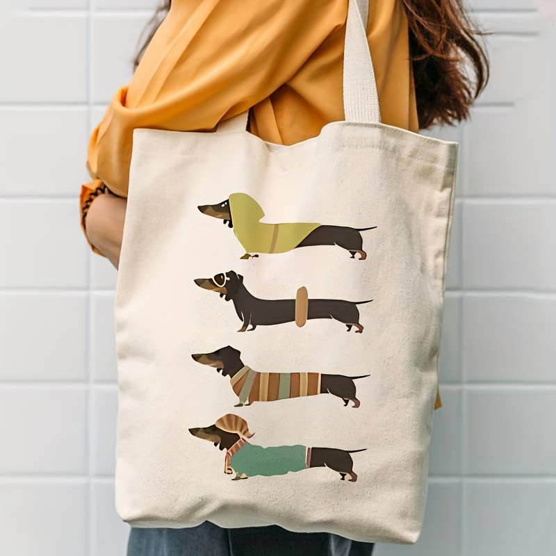 

1pc Sausage Dog Print Tote Bag For Women, Casual Animal Theme Shoulder Bag With Fixed Straps, Unlined Shopping Bag, Fade Resistant, Ideal For Groceries & Gifts