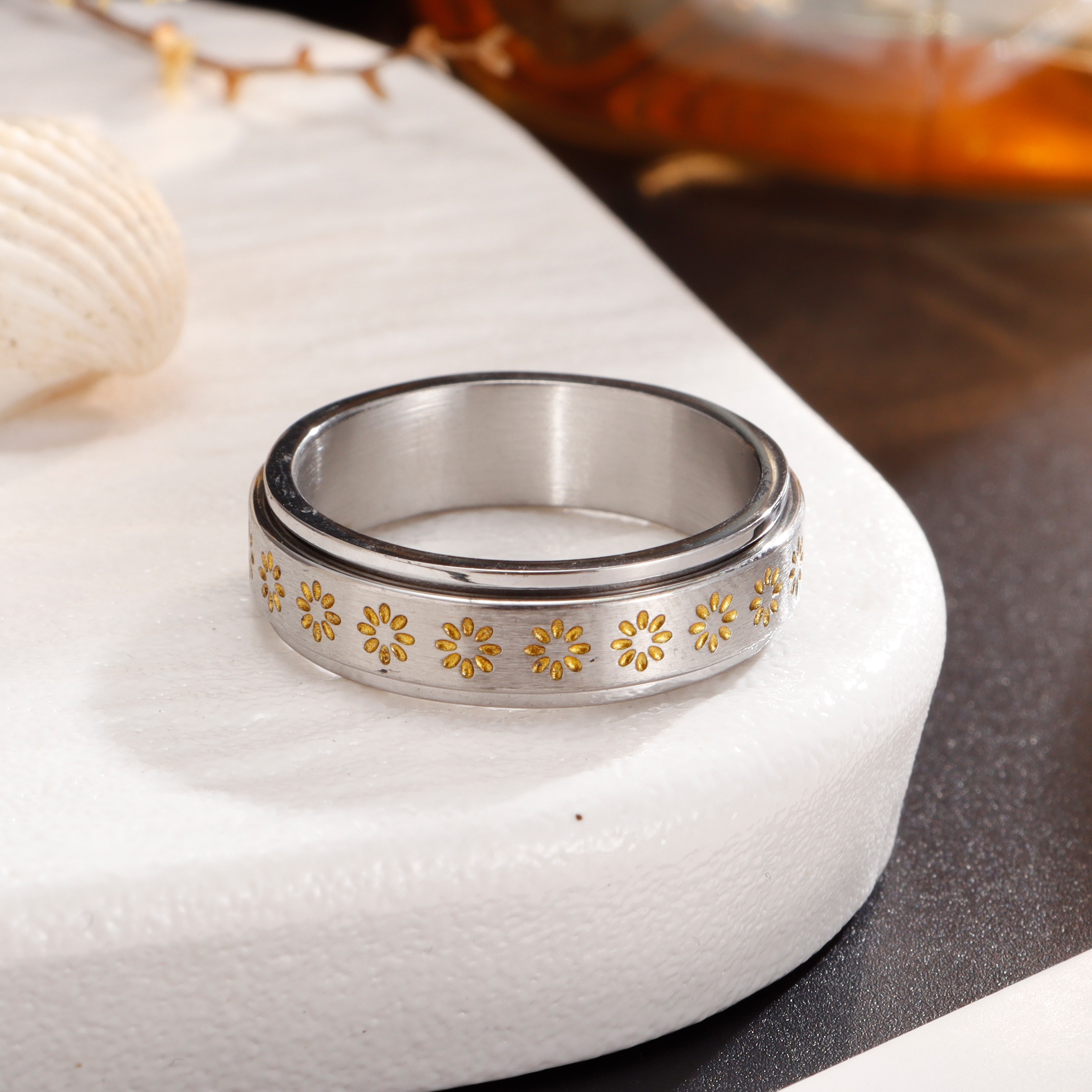 1 stylish womens ring elegant floral spinner ring stainless steel rotating jewelry for daily wear parties vacations birthdays meditation yoga anniversaries more Product details 5