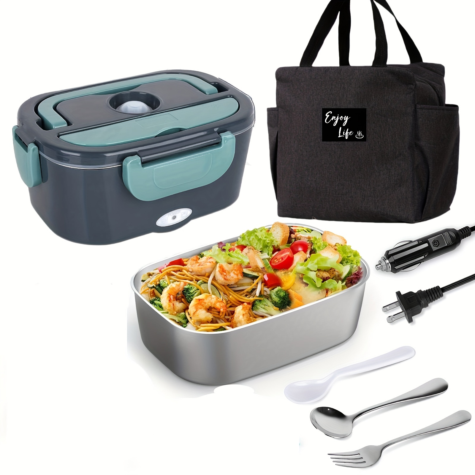 

A Ink Green Electric Lunch Box Portable Food Warmer For Car/home/truck Driver, Leakproof Lunch Warmer With Removable Stainless Steel Container 60w