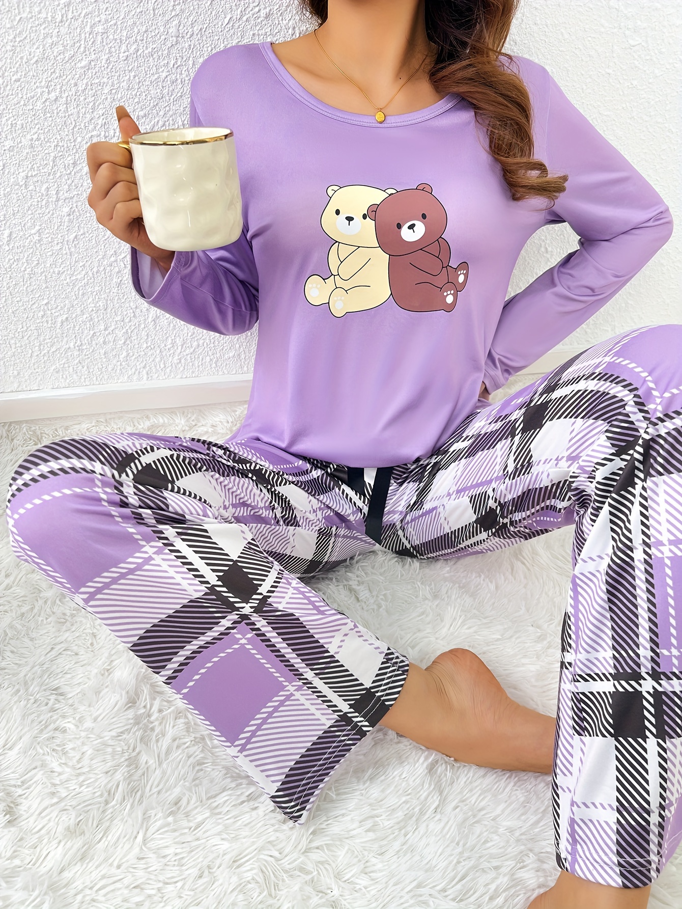 Cartoon Bear Print Pajama Set Casual Crew Neck Long Sleeve - Temu