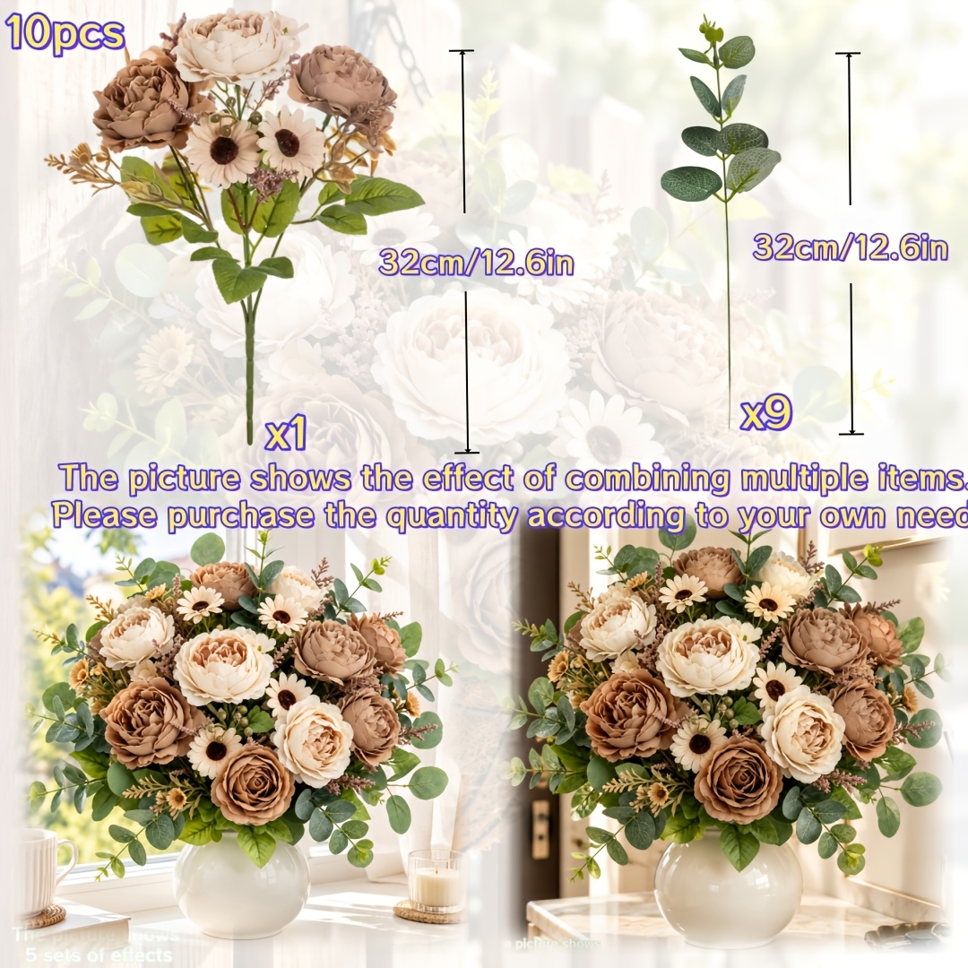 TEMU Ensemble de 10 pièces de fausses fleurs artificielles, comprenant 1 bouquet de marron et 9 tiges de feuilles . Cette collection aux chauds est