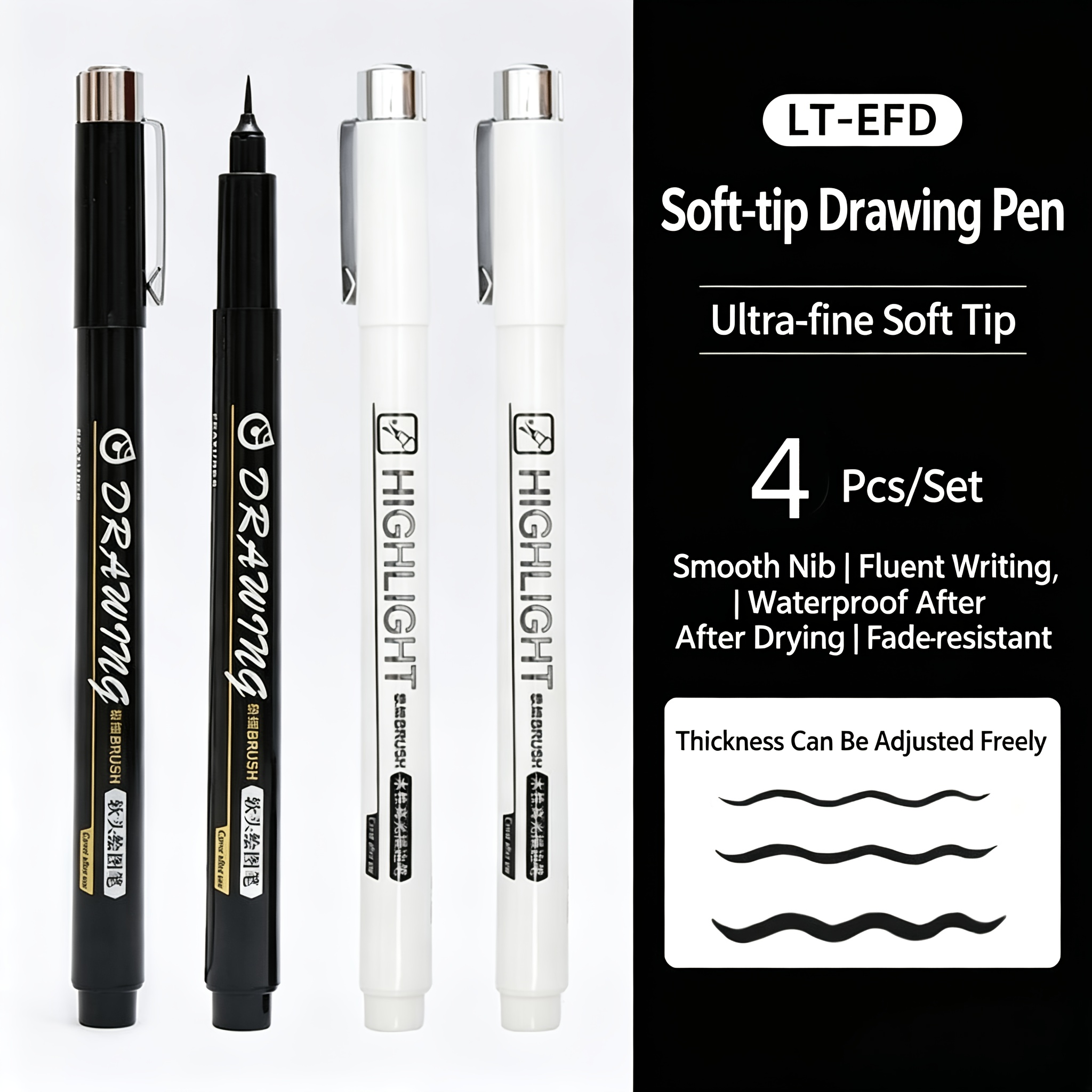 TEMU 4pcs Ultra Fine Gel Pens, Soft Brush Head, Strong Coverage, Smooth Writing, Ideal For Sketching, Drawing, Graffiti, Art Stationery, Line Drawing