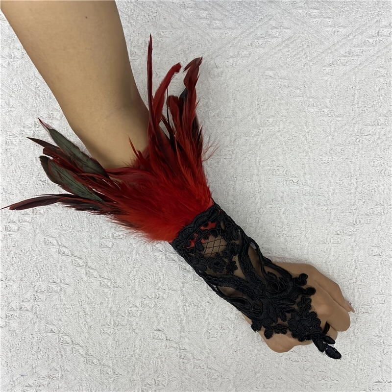 Gothic Rhinestone Feather Gloves Lace Cuff Wristband Cosplay Wedding Halloween