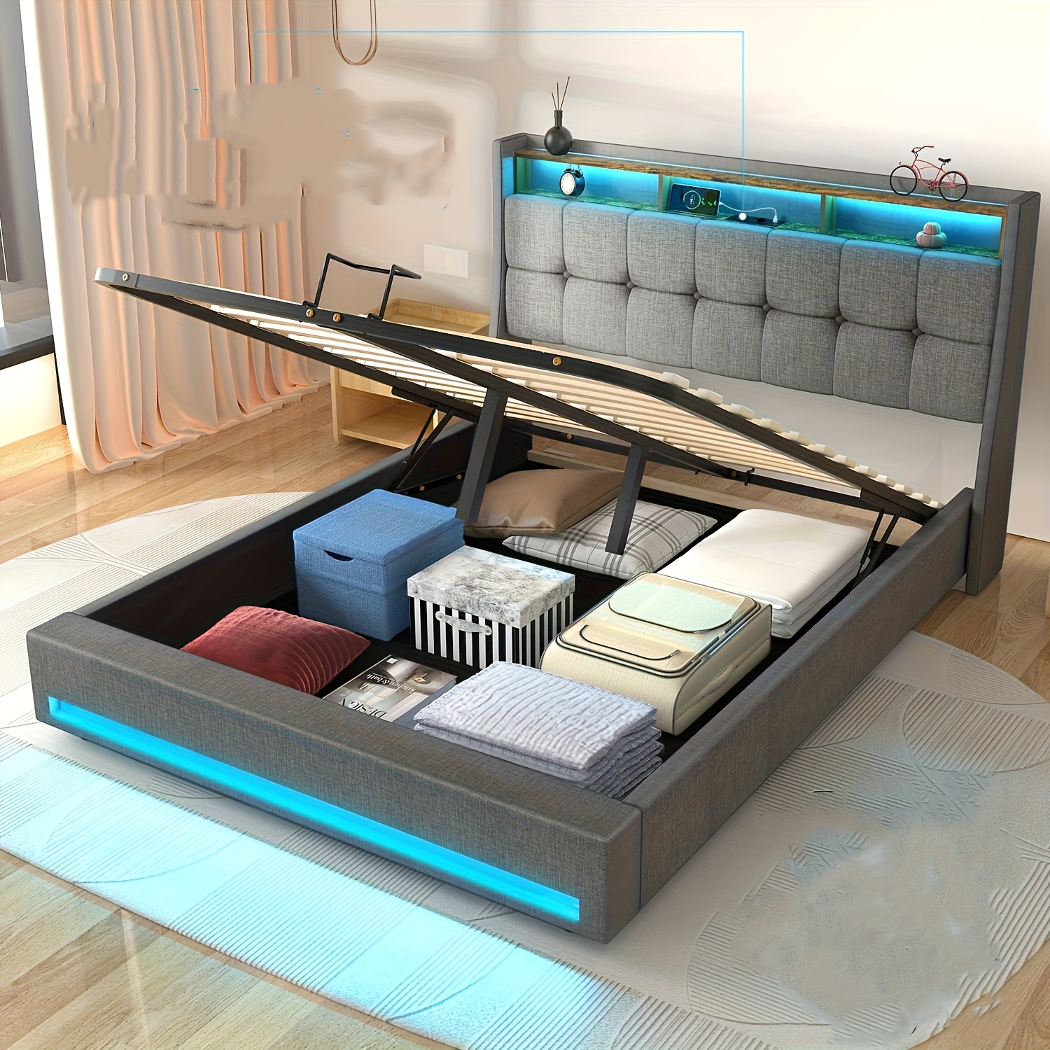 90/140/160cm X200cm Modern Gas Lift Bed Frame With Hydraulic Lift & Led Lighting Suitable For Heavy-sleeping, Linen Upholstered Ottoman Base With Storage, Grey Bedding Frame (no Mattress, )