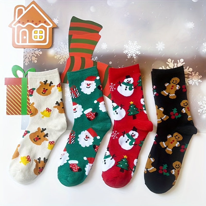 

4pcs Women's Christmas Socks - Cute Cartoon Santa, Reindeer & Snowman Designs | Cozy Mid-calf Length | Polyester & Spandex | Machine Washable