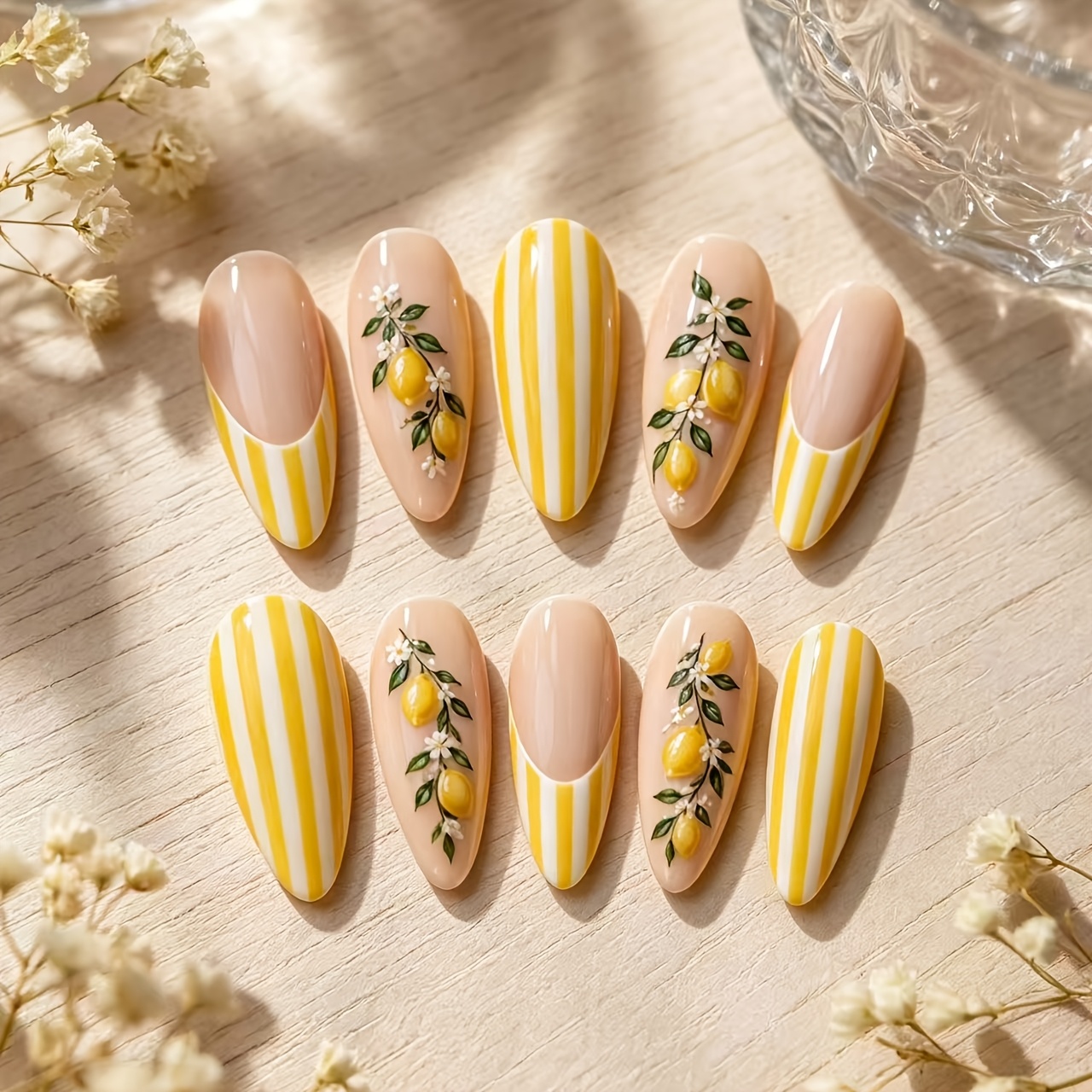 TEMU 10pcs Almond Shaped Press-on Nails Suitable For - Nude Sheer Base With Lemon Floral & Yellow/white Striped, Almond Length Medium Length False