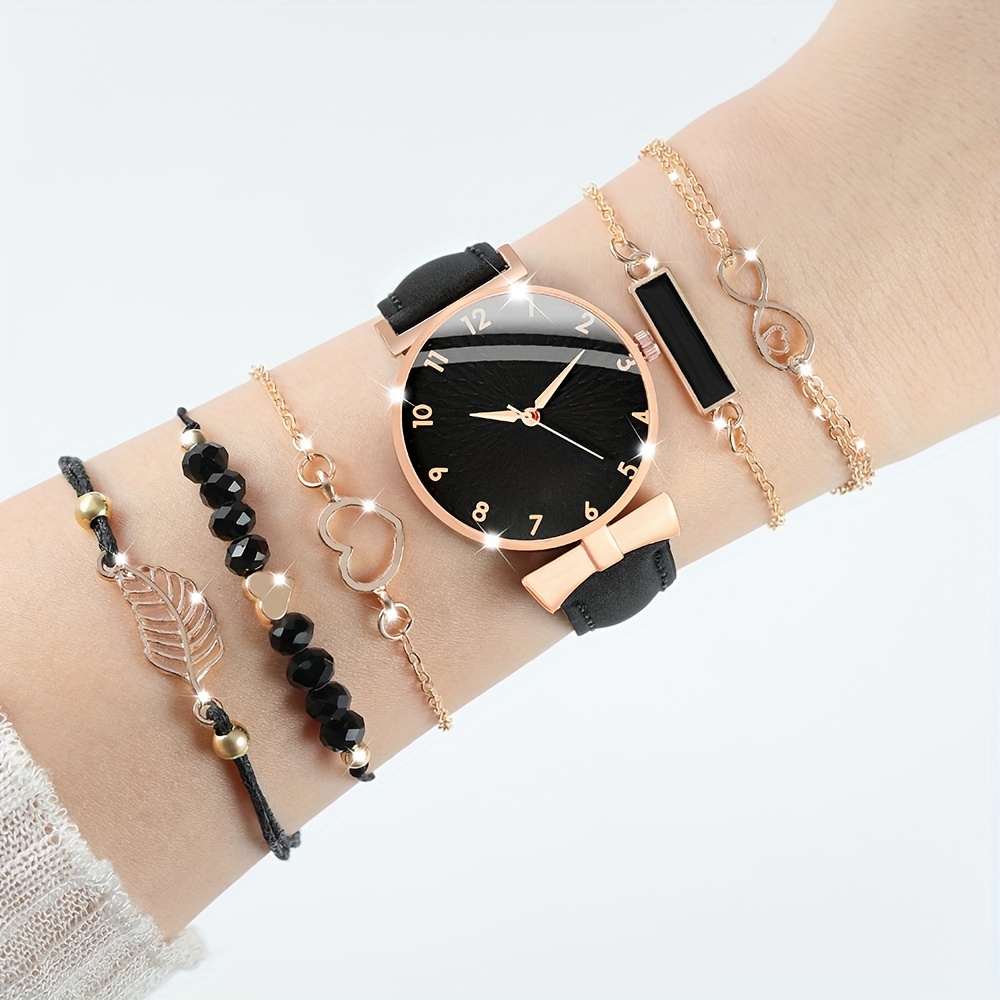 

6 Pcs Round Quartz Watches Pu Leather Strap Alloy Pointer Alloy Dial And Alloy Bracelet Jewelry Perfect Gifts For Women