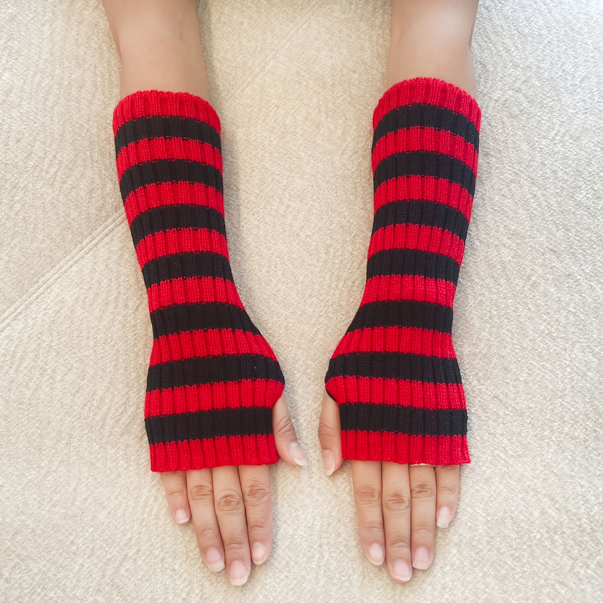 TEMU A Pair Of Women's Autumn/winter Color-block Striped Gloves, Outdoor -proof Decorative Arm Sleeves, Fashionable, , Simple, And Versatile