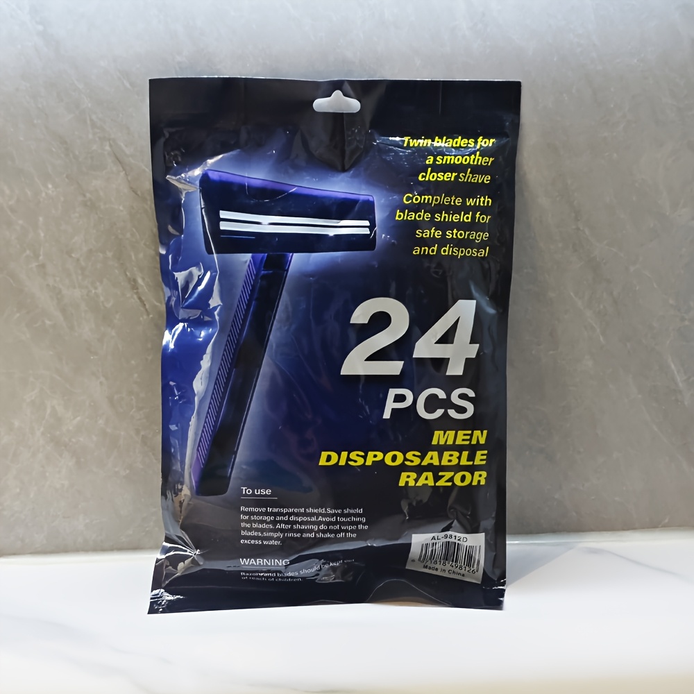 TEMU Lot de 24 rasoirs jetables pour homme, lames en acier inoxydable à couches, rasoir manuel avec manche en plastique bleu, pour hôtels, maisons d'