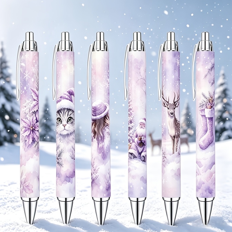 TEMU Christmas, 6 Pack Retractable Ink Pens With Snowman Cat Santa Reindeer Xmas Pattern, Novelty Holiday Stationery Gifts For Office, School,