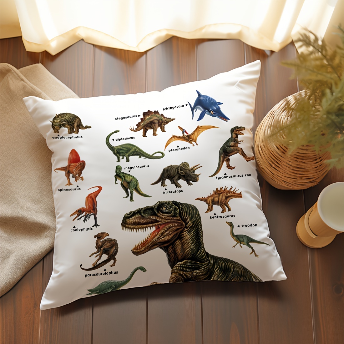 

1pc Dinosaur Educational Illustration Pillow Case 45x45cm, Traditional Style Peach Skin Velvet Cushion Cover For Sofa, Living Room, Car, Bedroom, Home Decor, Single-sided Print Without Insert