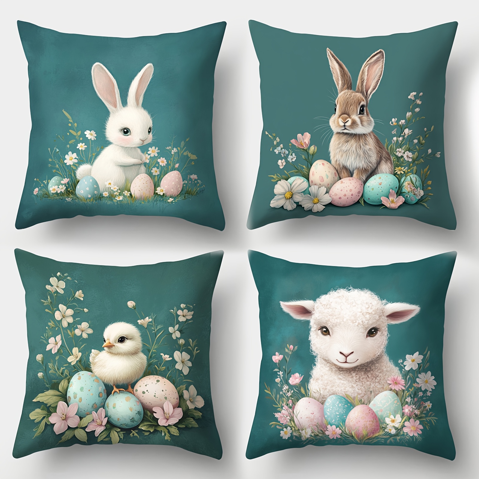TEMU 4pcs Easter Pillowcase Set, Rabbit, Sheep, Chicken, And Egg Design, For Holiday, Home, Room, Office, Living Room, And Sofa Decor, Polyester