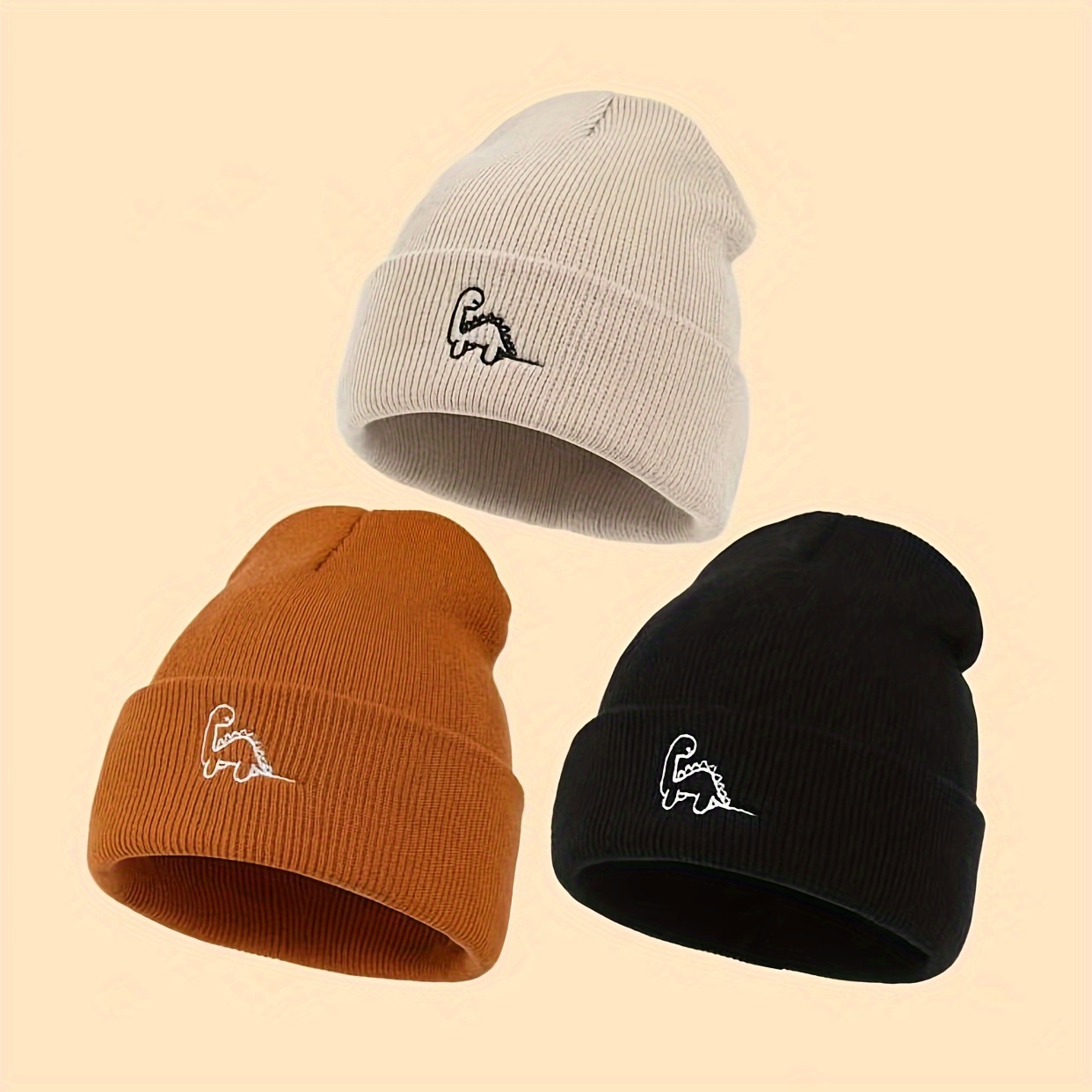 Image of 3pcs Mini Dinosaur Embroidered Brimless Knit Beanie Hat For 0-3 Year Old Children, Baby Outdoor Warm Hat, Embroidered Little Dinosaur Element Hat For , Unisex, Suitable For