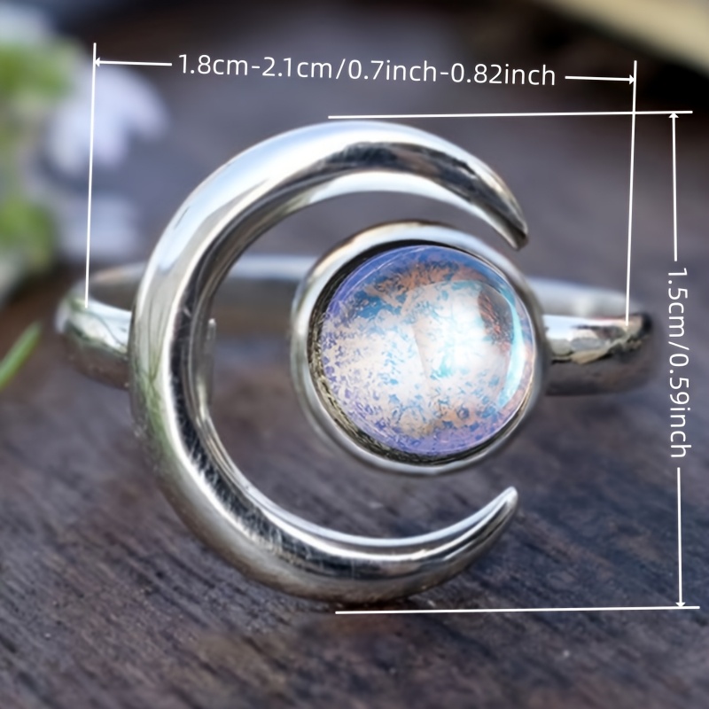Vintage Bohemian Adjustable Crescent Moon Ring with Moonstone Inlay