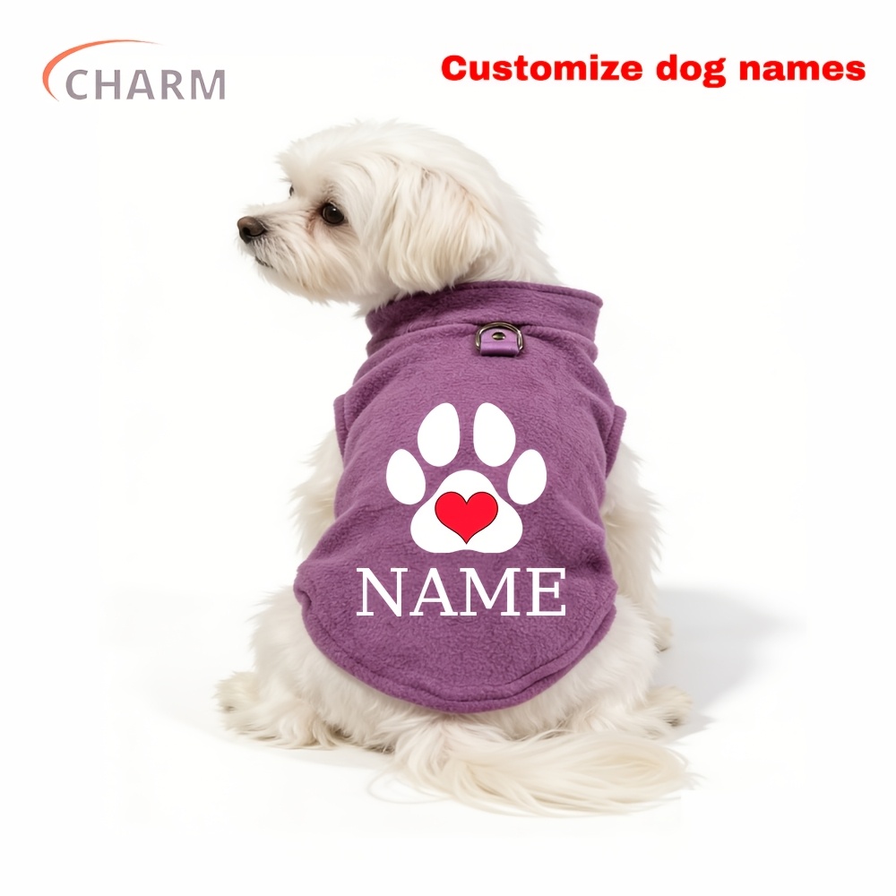 TEMU [customizable Name] Pet Clothes Warm Plush Vest D-ring Harness Name Printable Lightweight Dog Outfit Red Paw Print Heart Pattern Suitable For