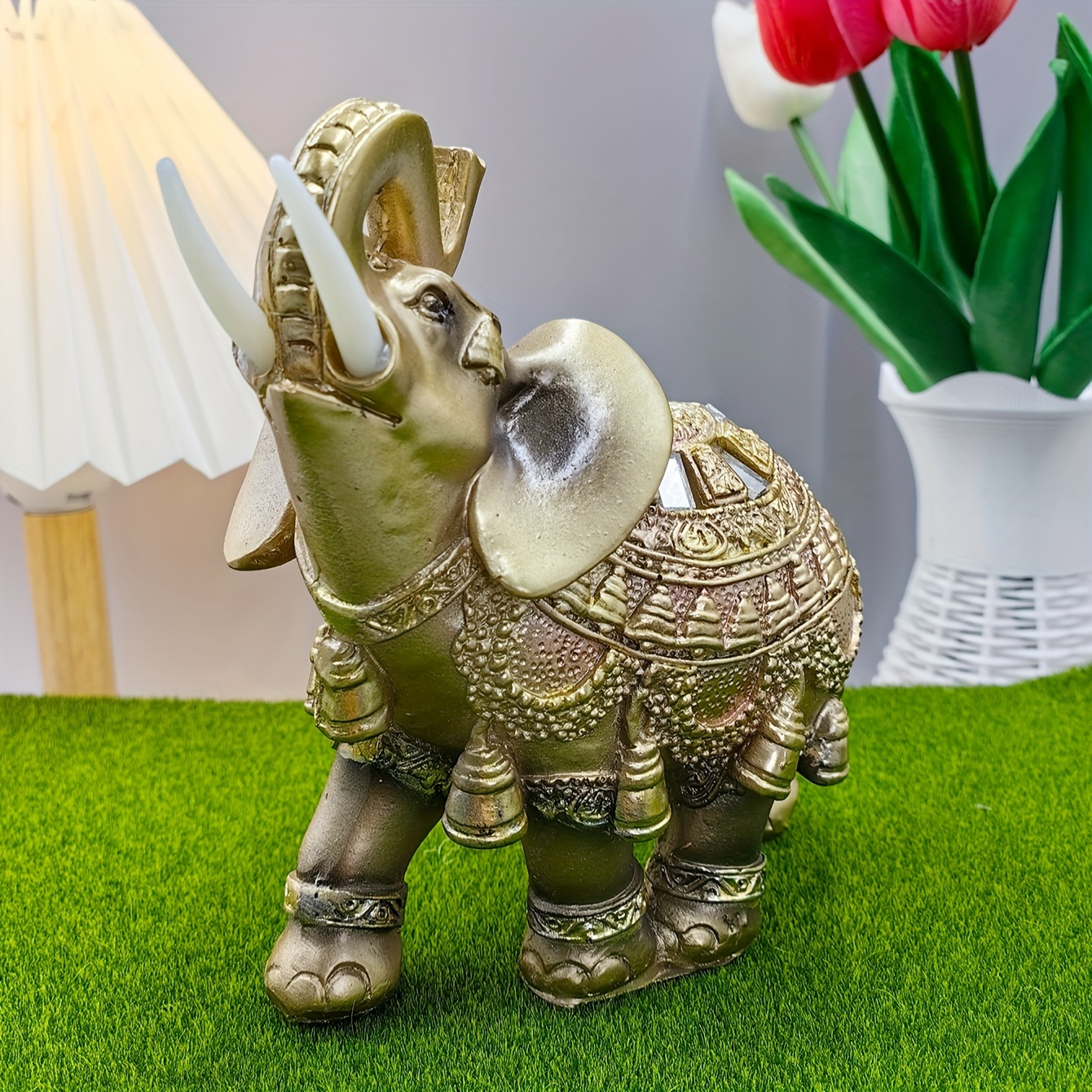 

1pc Prosperous Golden Elephant Resin Figurine, Lucky Wealth Feng Shui Statue, Decorative Ornament For Home & Office