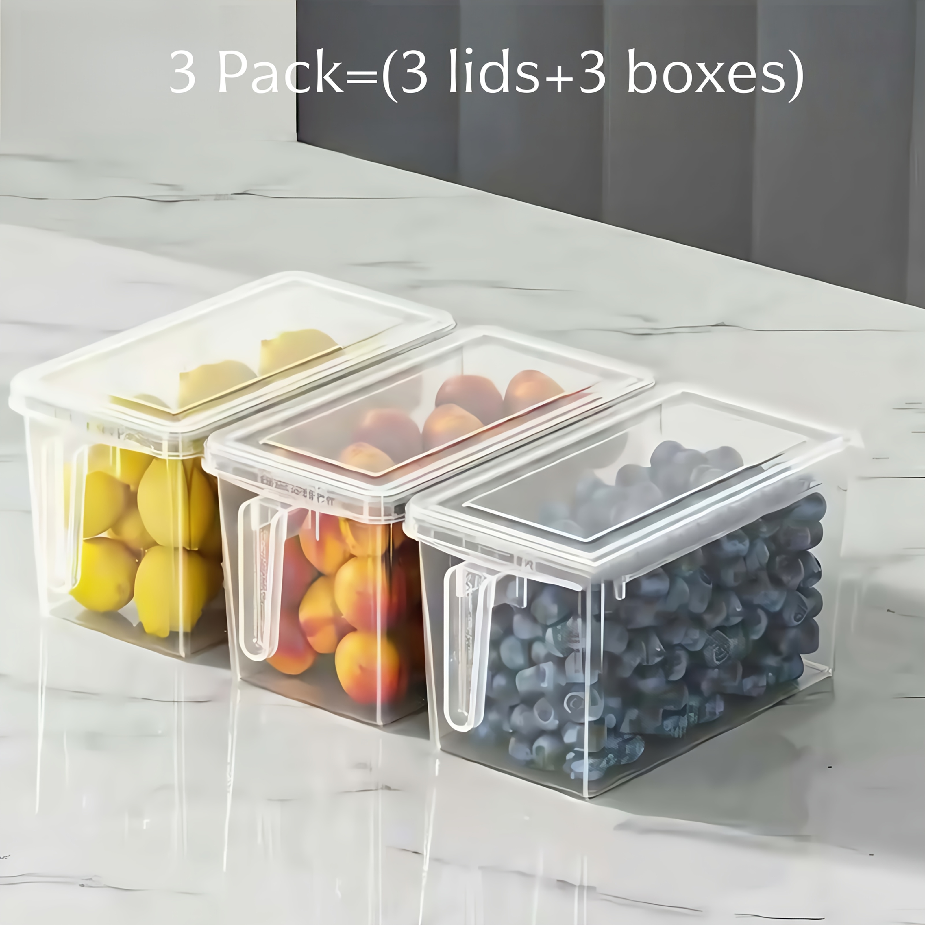 3-pack Refrigerator Organizer Bins With Lids, Food Sorting Storage Containers With Durable Prt Handles, For Fridge And Kitchen Storage Of Vegetables, Fruits, Grains, Meat, Greens, Beverages