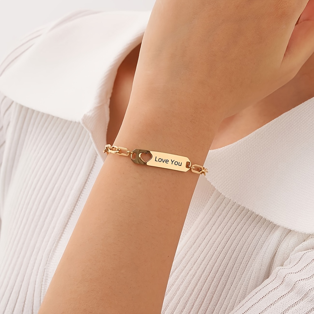 TEMU Bracelet Personnalisé Gravé de Cœur, Plaqué Or 18K en Acier Inoxydable 304L, Style Élégant et , Cadeau d'Anniversaire pour Elle, Bijou