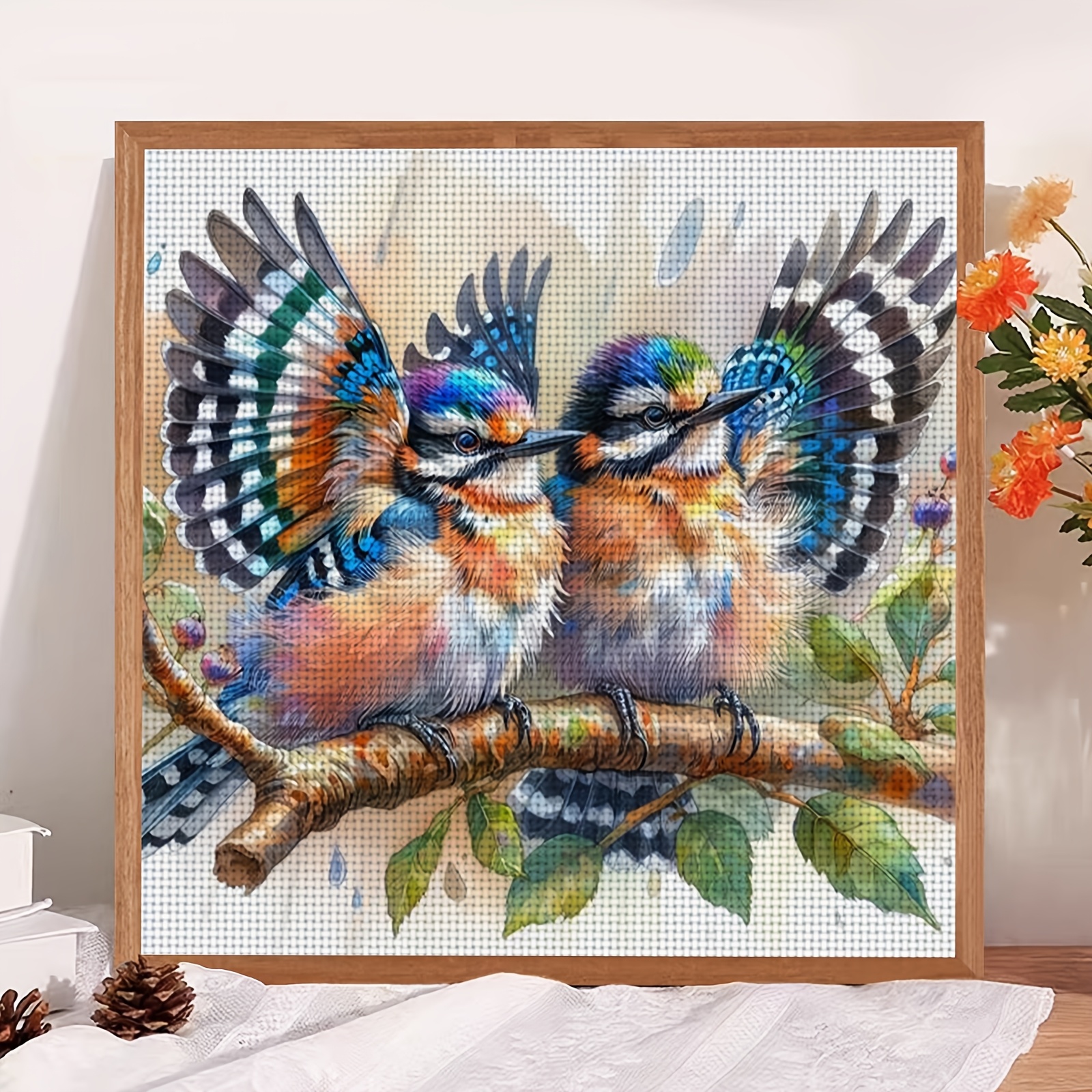 Cross Stitch Kit, Double Bird on Branch with Colorful Wings Pattern, Ideal for Beginners