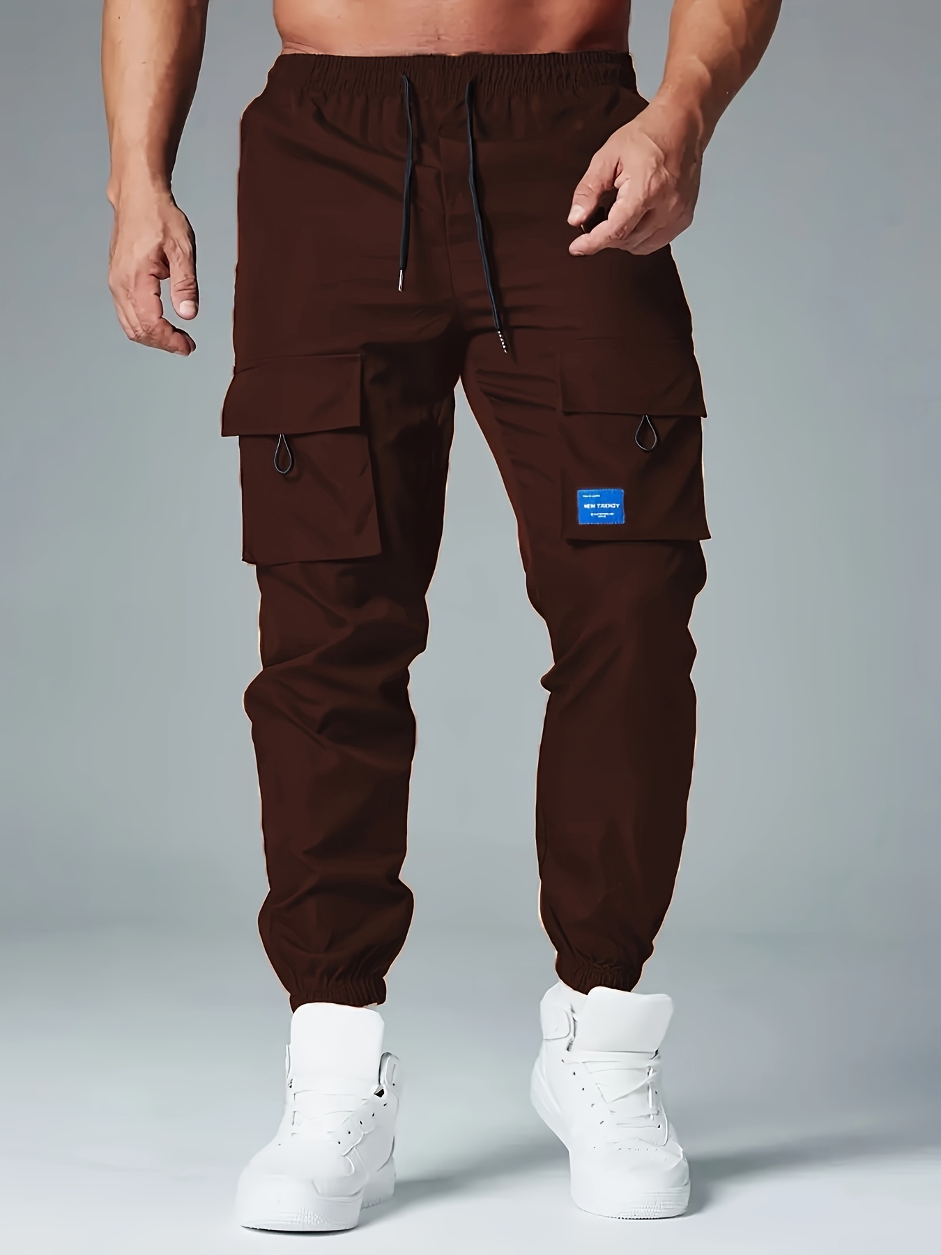 Men's Loose Solid Cargo Joggers With Pockets, Active Breathable Drawstring Trousers For Outdoor