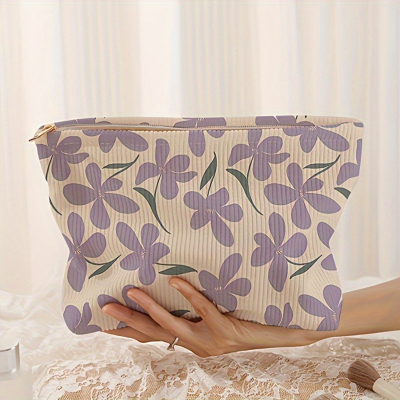 TEMU Floral Print Corduroy Makeup Bag – Lightweight, Cosmetic Pouch With Zipper Closure & Lining, Travel Or Daily Use, With Print, Toiletry Organizer | Design | Corduroy Texture, Cosmetic Bag