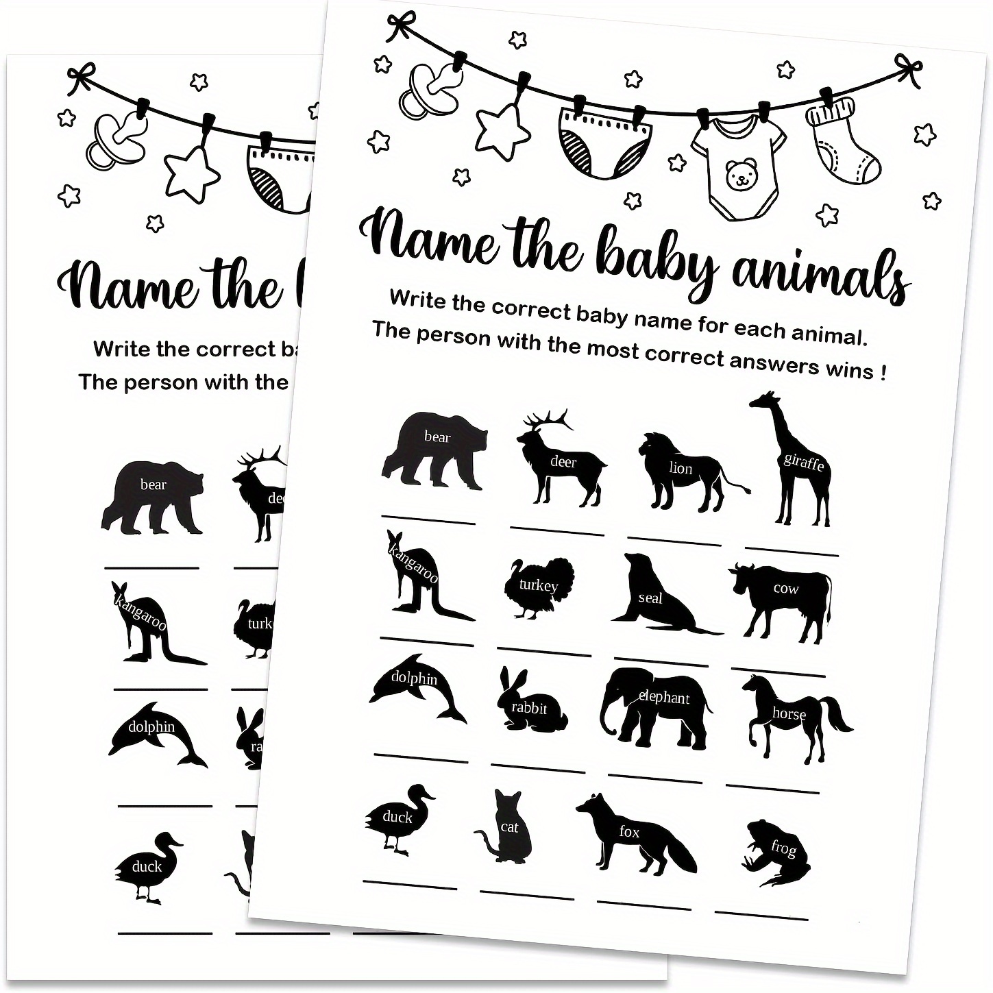 

20pcs Shower Animal Name Game - Fun Gender Reveal Party Activity, Write The Correct Name For Animal, Black & With Stars And Icons, Showers And Gender Reveals, Shower Games