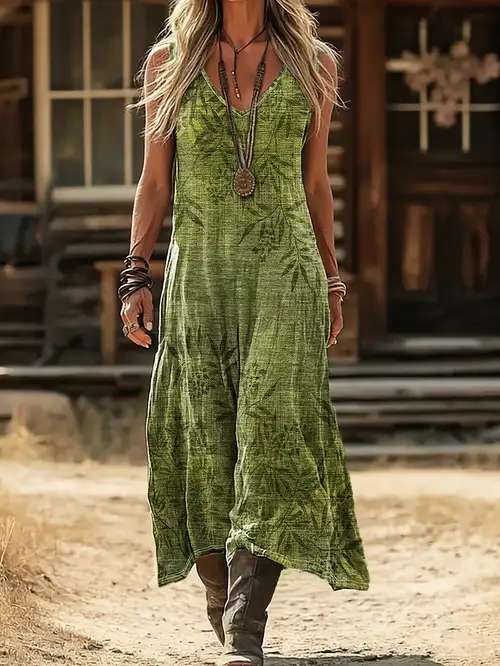 2026 Washed Leaf Print V-Neck Sleeveless Loose Fit Maxi Dress Straight Long Dress Boho Casual Outdoor Wear Spring And Summer New Retro * Lazy Style Vacation Dress 2026 Washed Leaf Print V-Neck Sleeveless Loose Fit Maxi Dress Straight Long Dress Boho Casual Outdoor Wear Spring And Summer New Retro * Lazy Style Vacation Dress