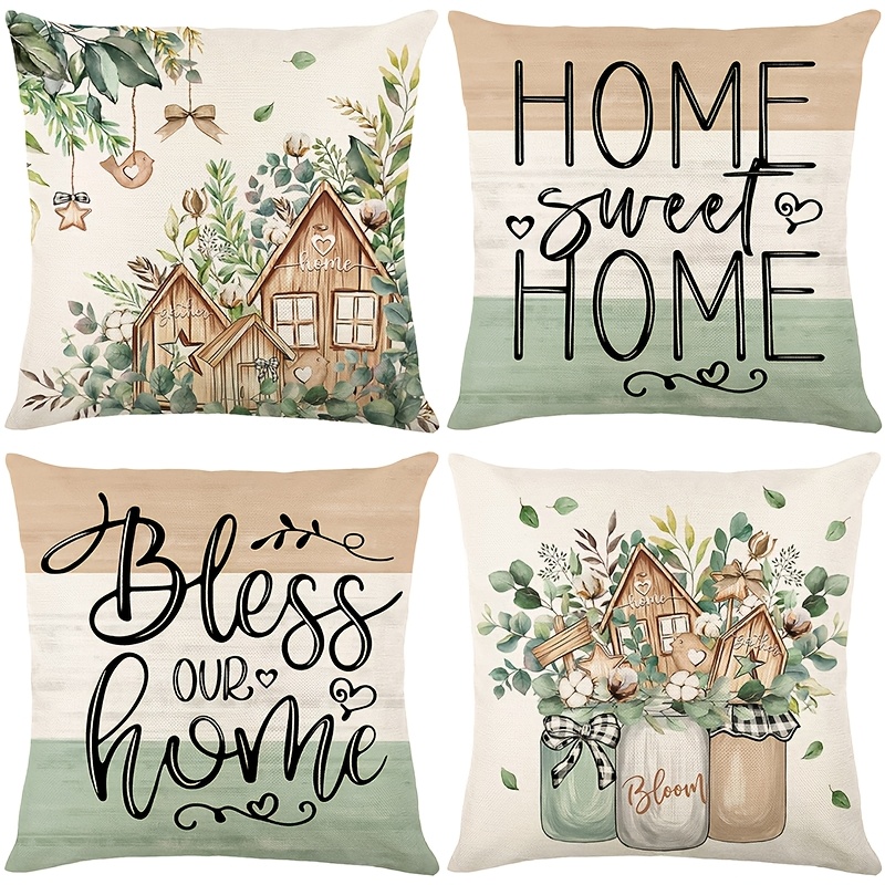 

4-pack Throw Pillow Covers, Spring Botanical & Lettering Design, Machine Washable Zippered Cushion Cases For Home Decor, Country Style For Room Types