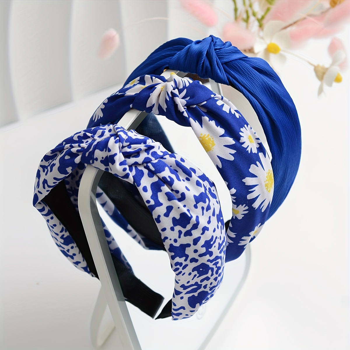 

3 Pcs Women's Headbands: Spring/summer Collection - Blue & Sunflower Print With Knot Detail - Suitable For Everyday Wear