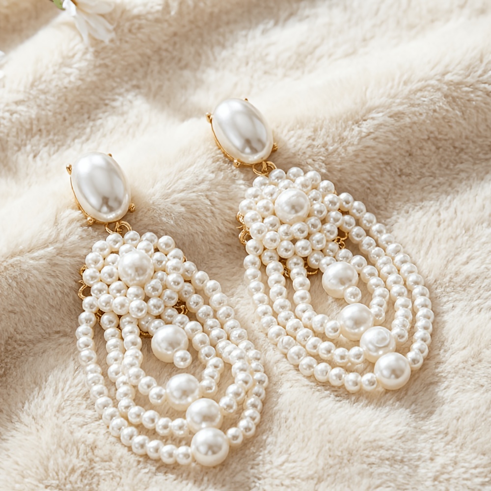 TEMU 1 Pair Handmade Vintage Pearl Tassel Drop Earrings, Featuring A Beaded Dangle Design, Elegant And Stylish, Perfect For Weddings, Parties, And