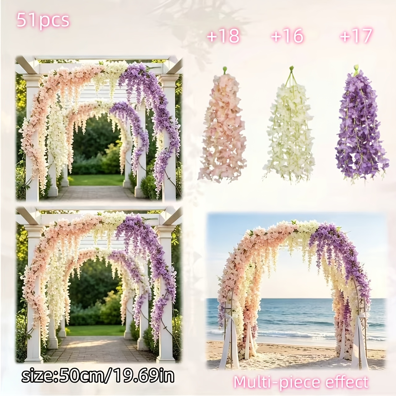 TEMU 51pcs Mixed Color Artificial Wisteria (white, Light Purple, Pink) - Realistic Flowers, Durable Plastic/ Hanging Ivy, Suitable For Wedding Arch