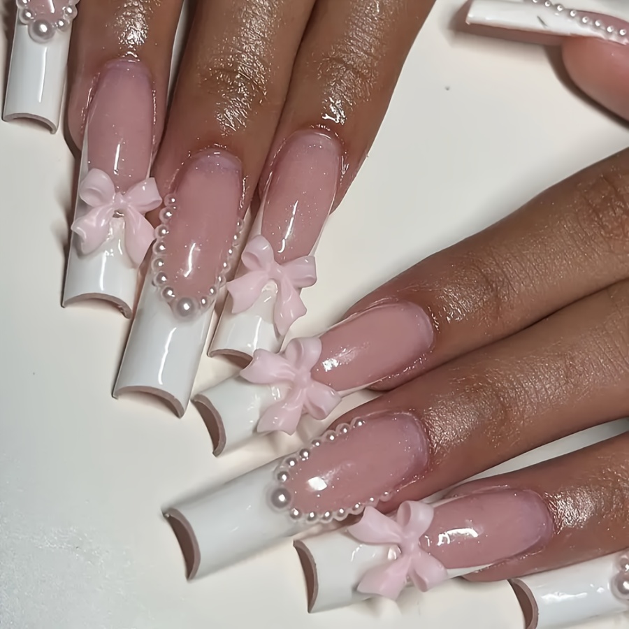 

24pcs Press On Nails Long Square Fake Nails White French Tip Ballerina Acrylic Nails With 3d Bow And Pearl Design Glossy Sweet Glue On Nails For Women Girls, Jelly Glue And Nail File Included