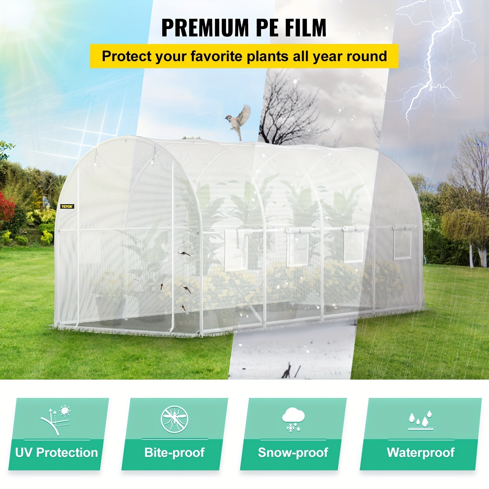 

Walk-in Tunnel Greenhouse, 15 X 7 X 7 Ft Portable Plant Hot House W/ Galvanized Steel Hoops, 1 Top Beam, Diagonal Poles, Zippered Door & 8 Roll-up Windows, White