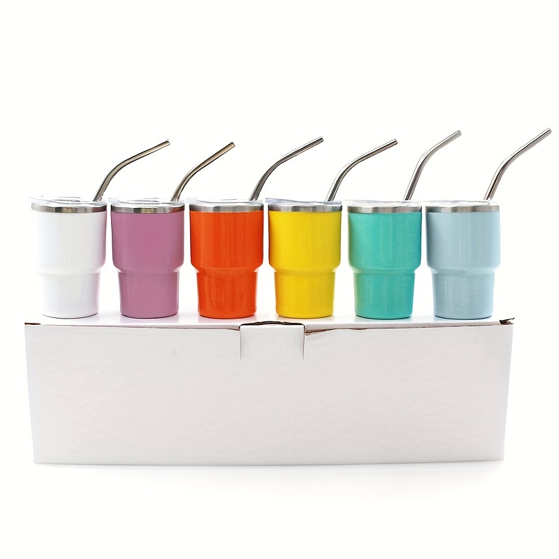 E-shop Set mit 6 Stück 3 Unzen Außenkunststoff Innenstahlbecher, 304 Edelstahlstrohhalm, Café Mini-Becher, Camping- und -Trinkgeschirr, praktischer